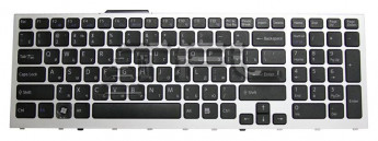 <!--Клавиатура для ноутбука Sony Vaio VPC-F11 VPC-F12 VPC-F13 с серебристой рамкой и подсветкой (черная)-->